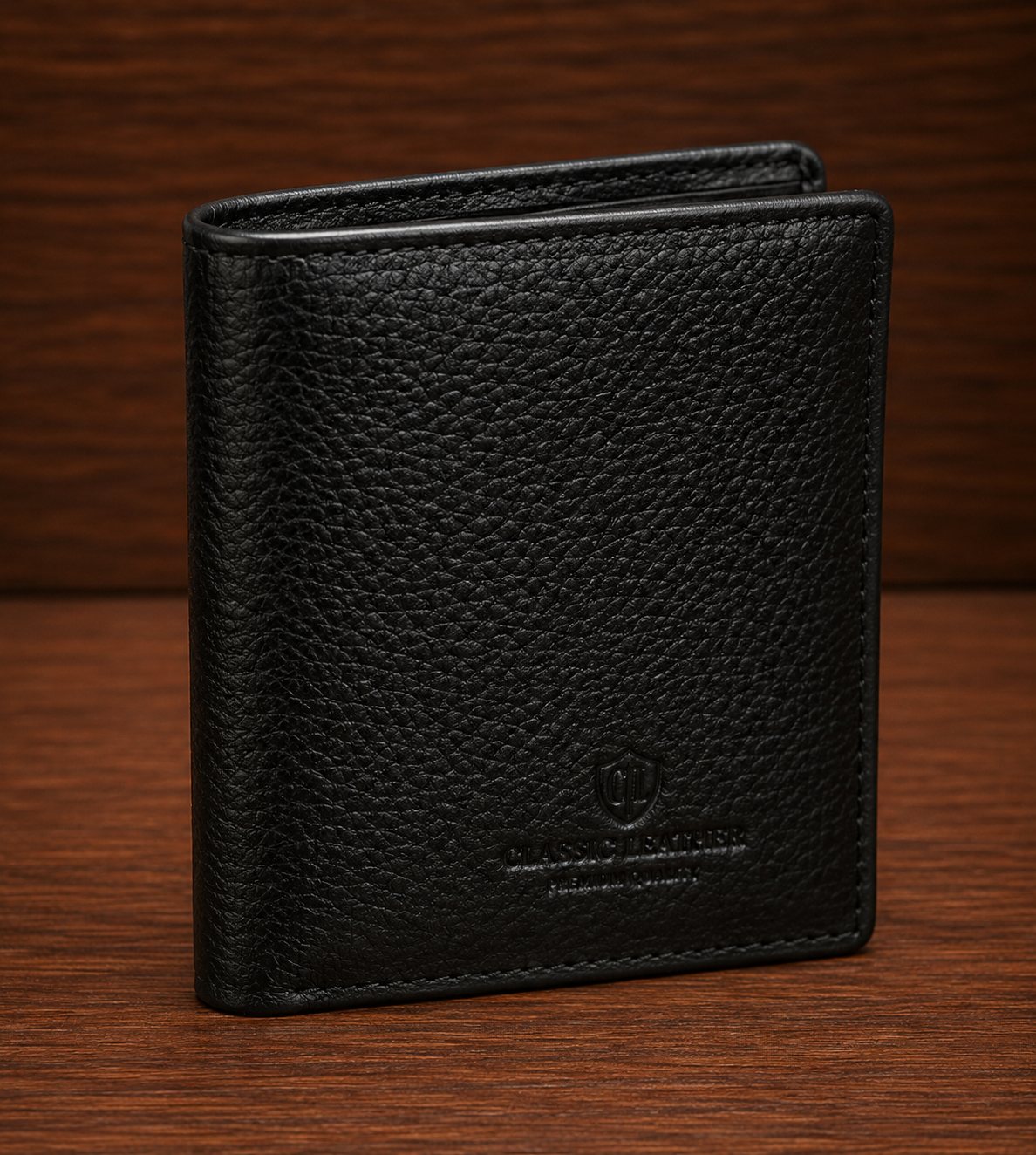 Black pebbled leather bifold wallet with debossed logo on dark wood background