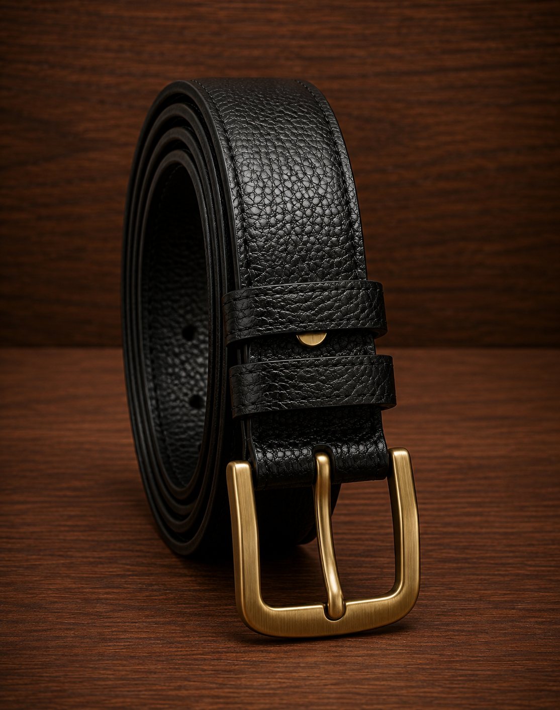 Rolled black pebbled leather belt with double keeper loops and brushed brass pin buckle on dark wood backdrop