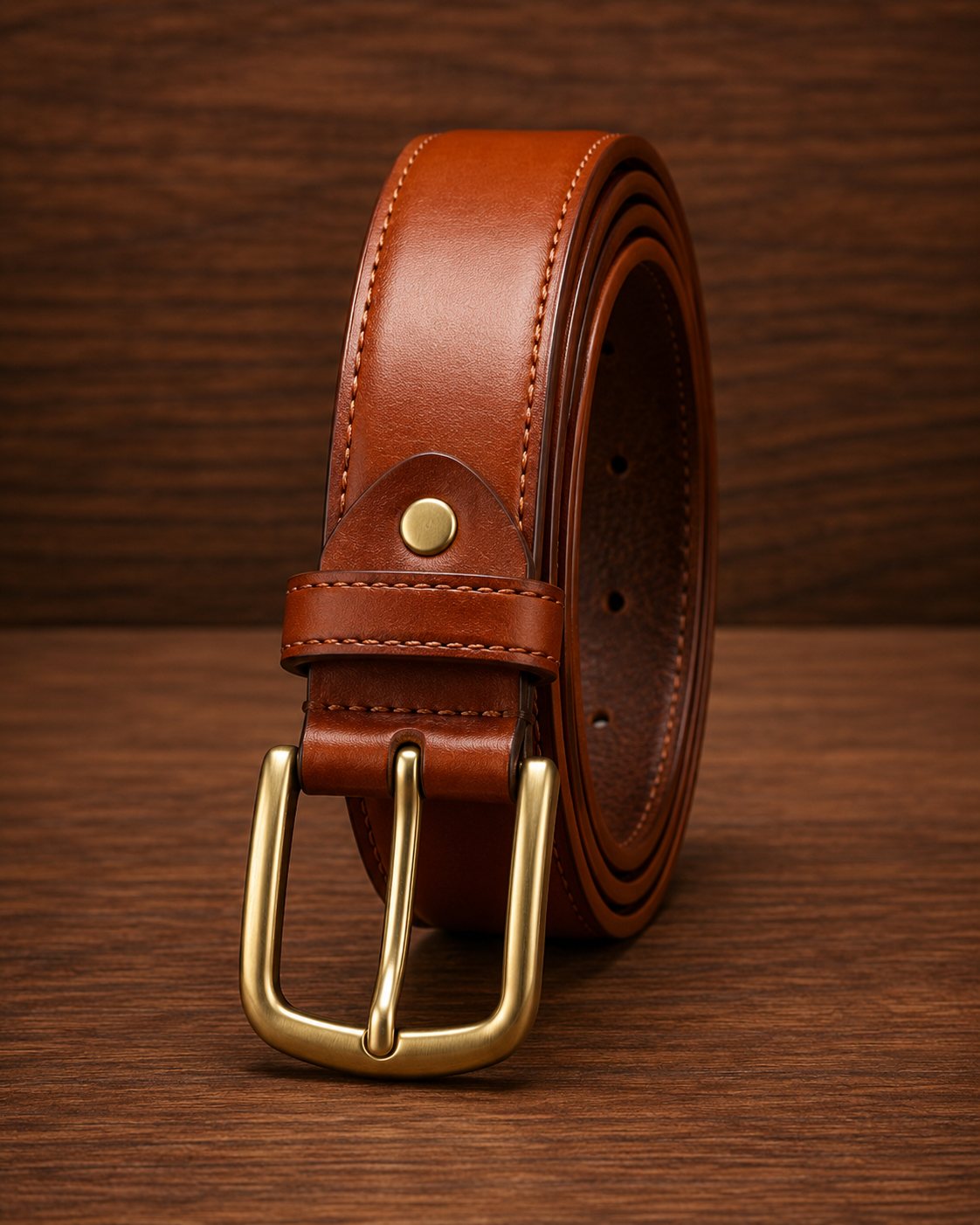 Cognac leather belt showcasing solid brass buckle, single pin tongue, and double row edge stitching