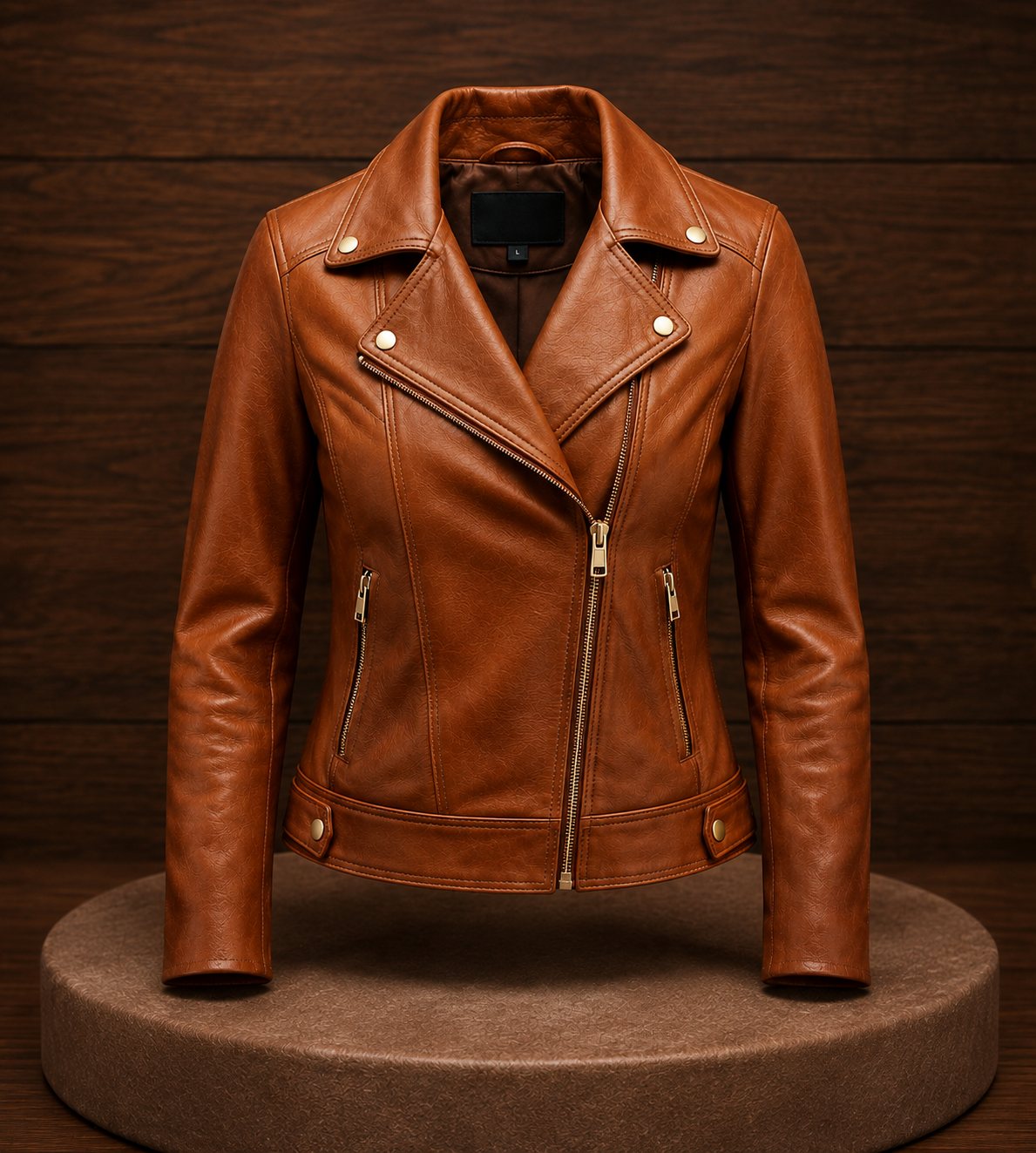 Cognac brown women's leather biker jacket with asymmetrical zipper and brass hardware