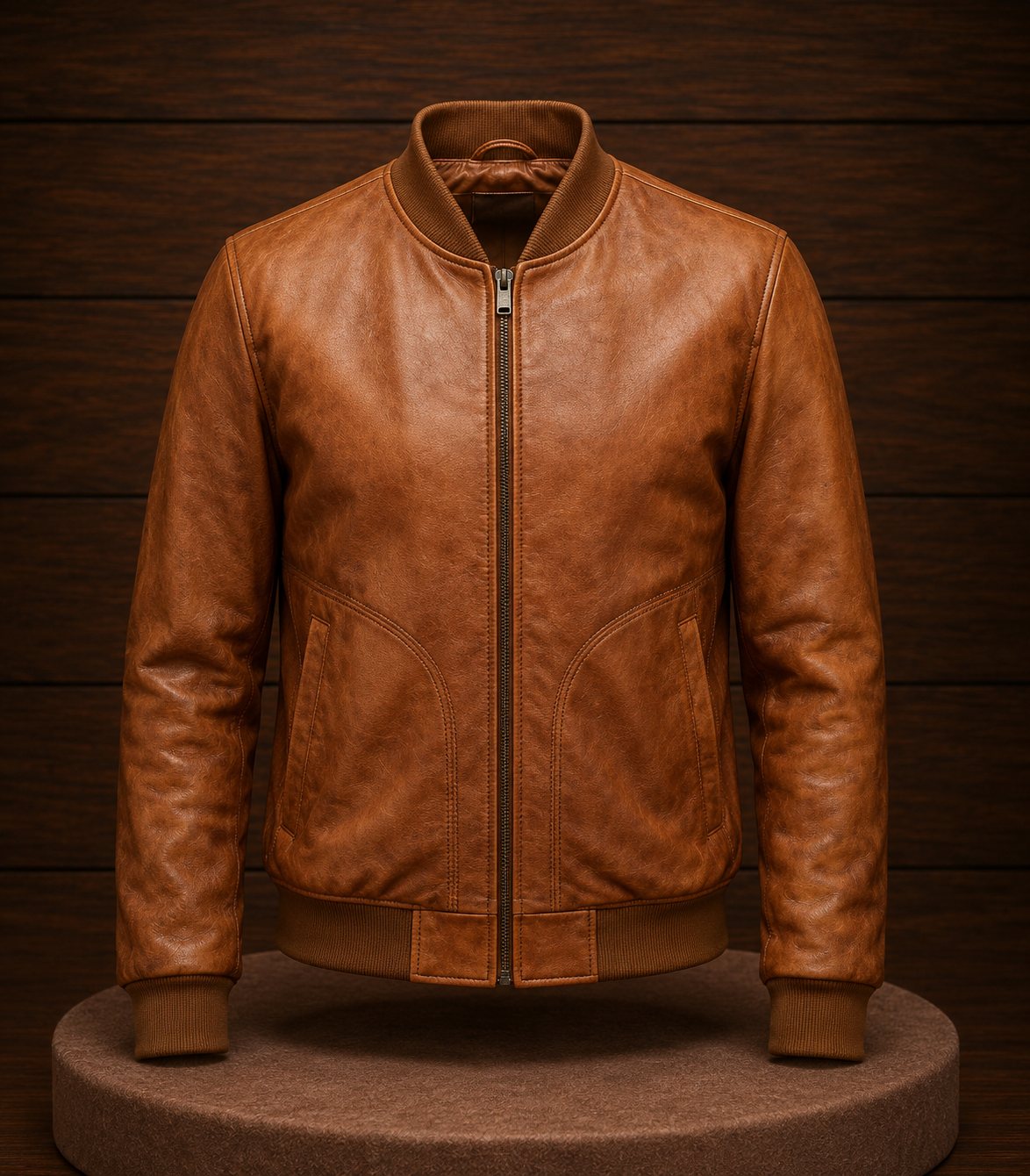 Cognac tan leather bomber jacket with ribbed collar, cuffs, and hem