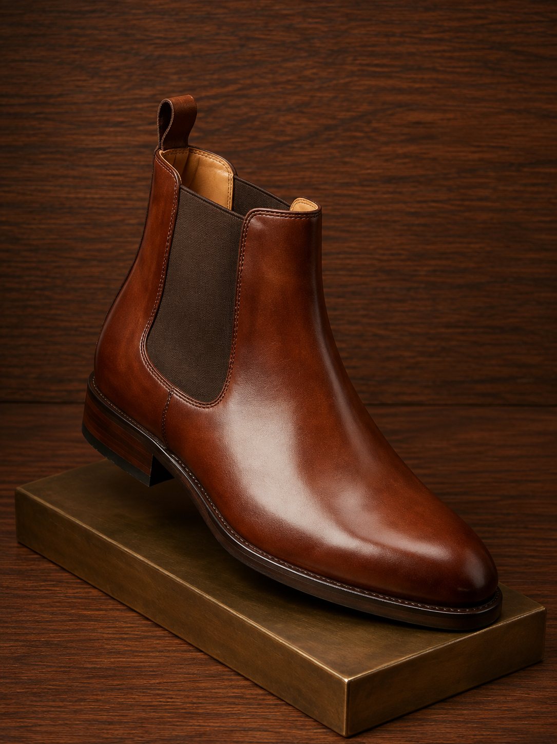Men's smooth cognac brown leather chelsea boot with elastic side gore on brass display stand
