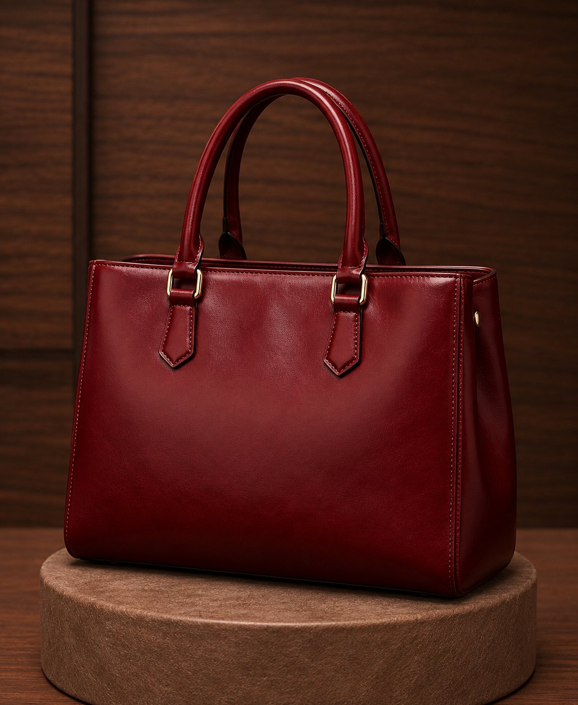 Crimson red structured leather executive tote bag with dual rolled handles