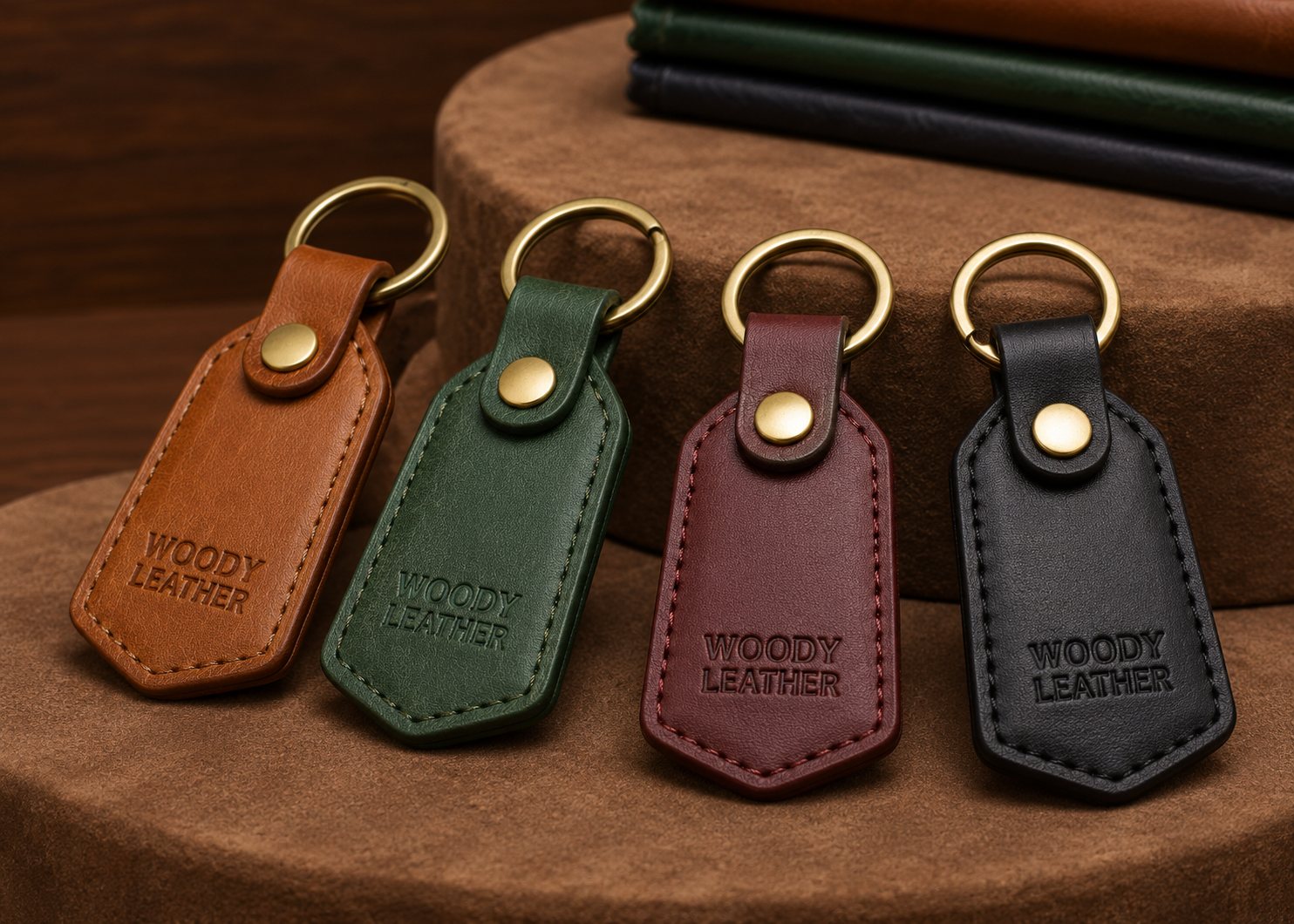 Tan, forest green, burgundy, and black leather key fobs showing brass rivets, split rings, and embossed branding