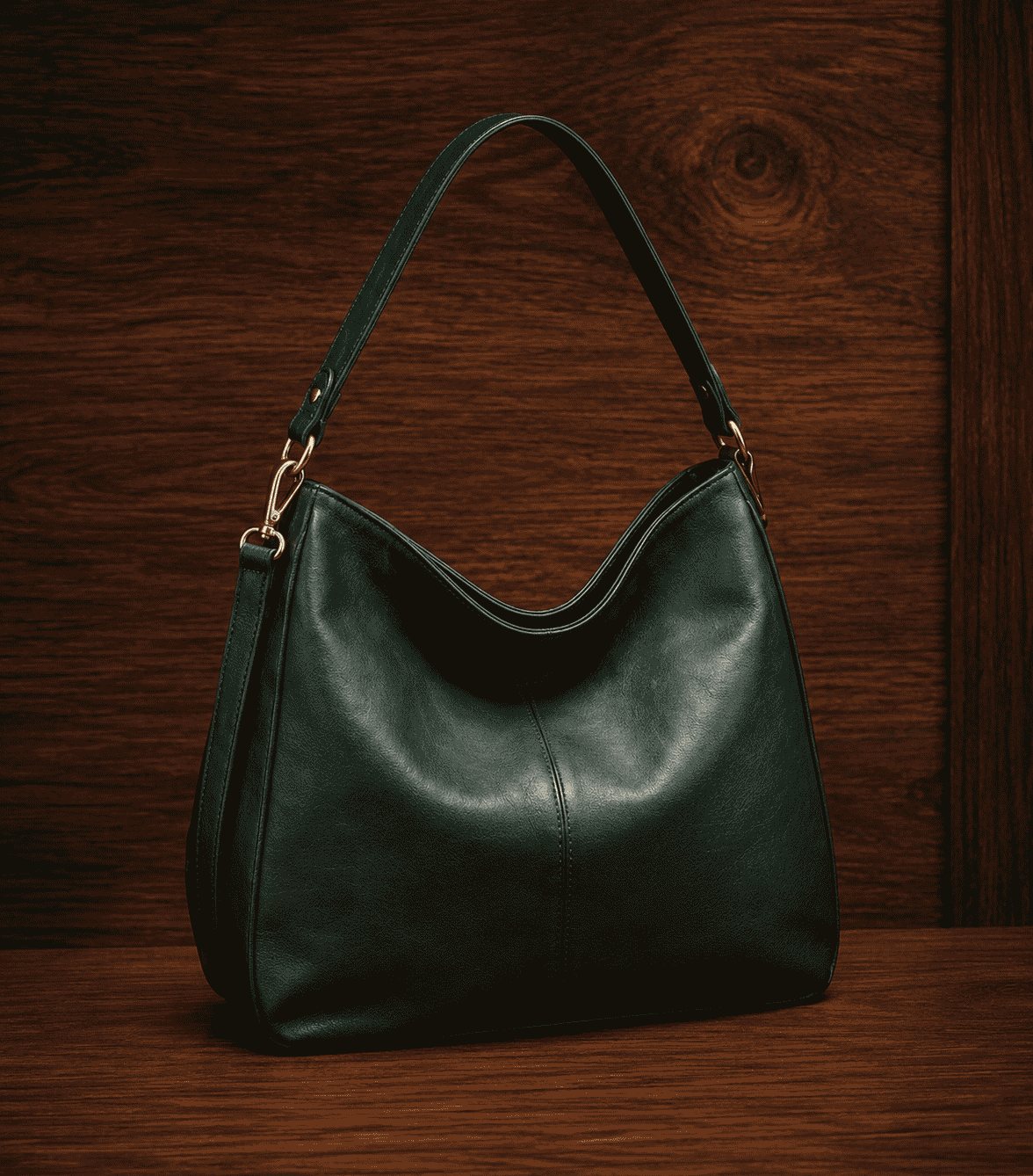 Forest green leather hobo bag with brass ring hardware and curved top drop