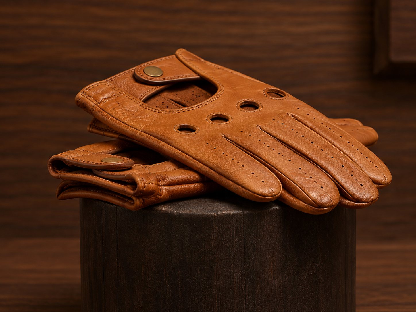 Tan leather driving glove displaying perforated finger holes, knuckle cutouts, and brass wrist snap button