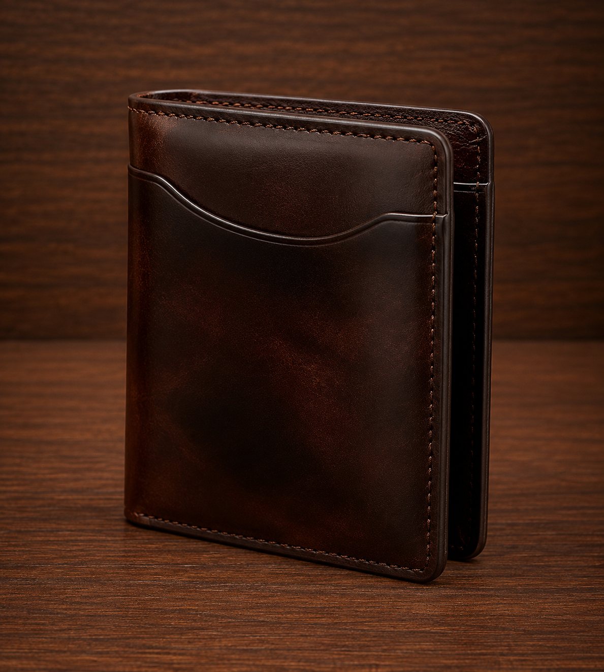 Dark espresso brown leather bifold wallet with curved exterior pocket and heavy perimeter stitching