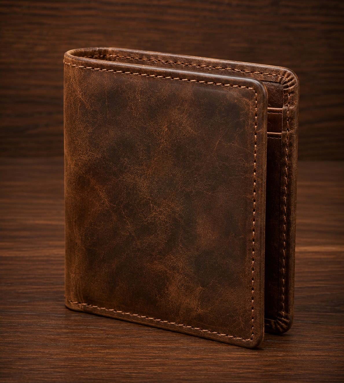 Distressed brown crazy horse leather bifold wallet with heavy perimeter stitching on dark wood table