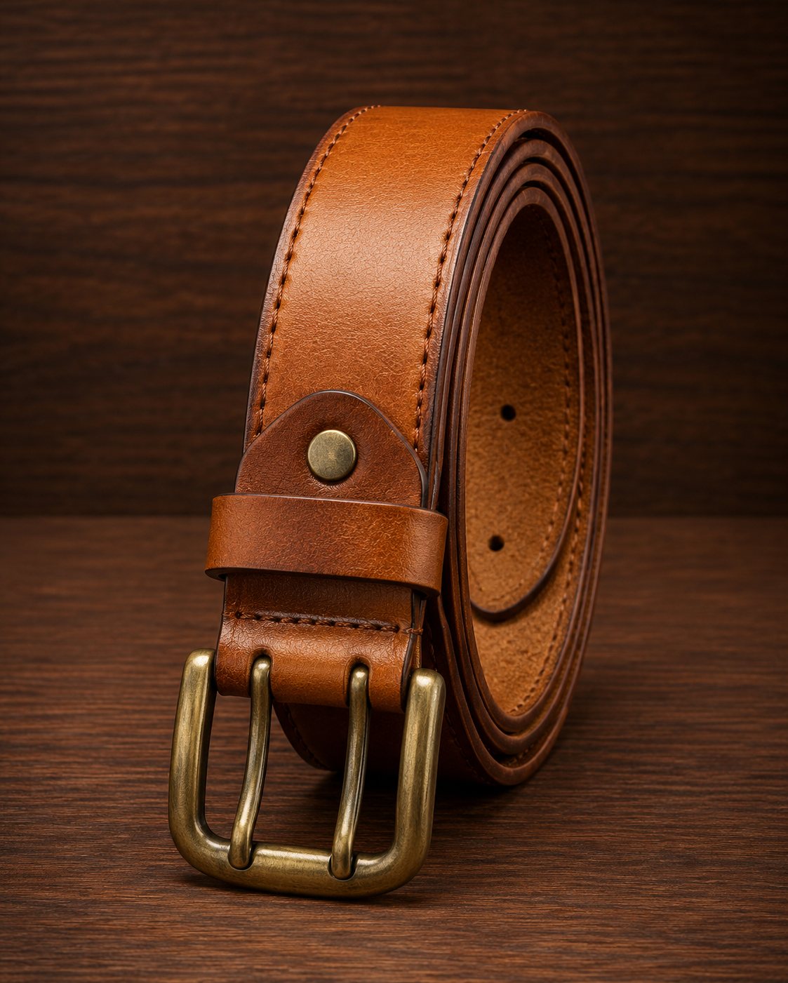 Rolled tan brown leather belt with antique brass double pin buckle and double perimeter stitching on dark wood backdrop