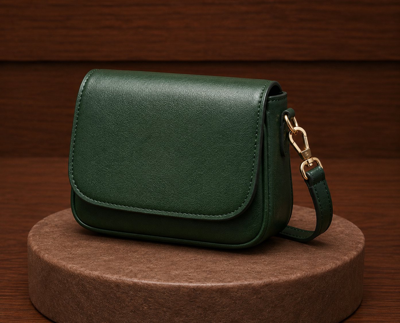 Emerald green leather flap bag showing rounded bottom silhouette and gold side strap hook