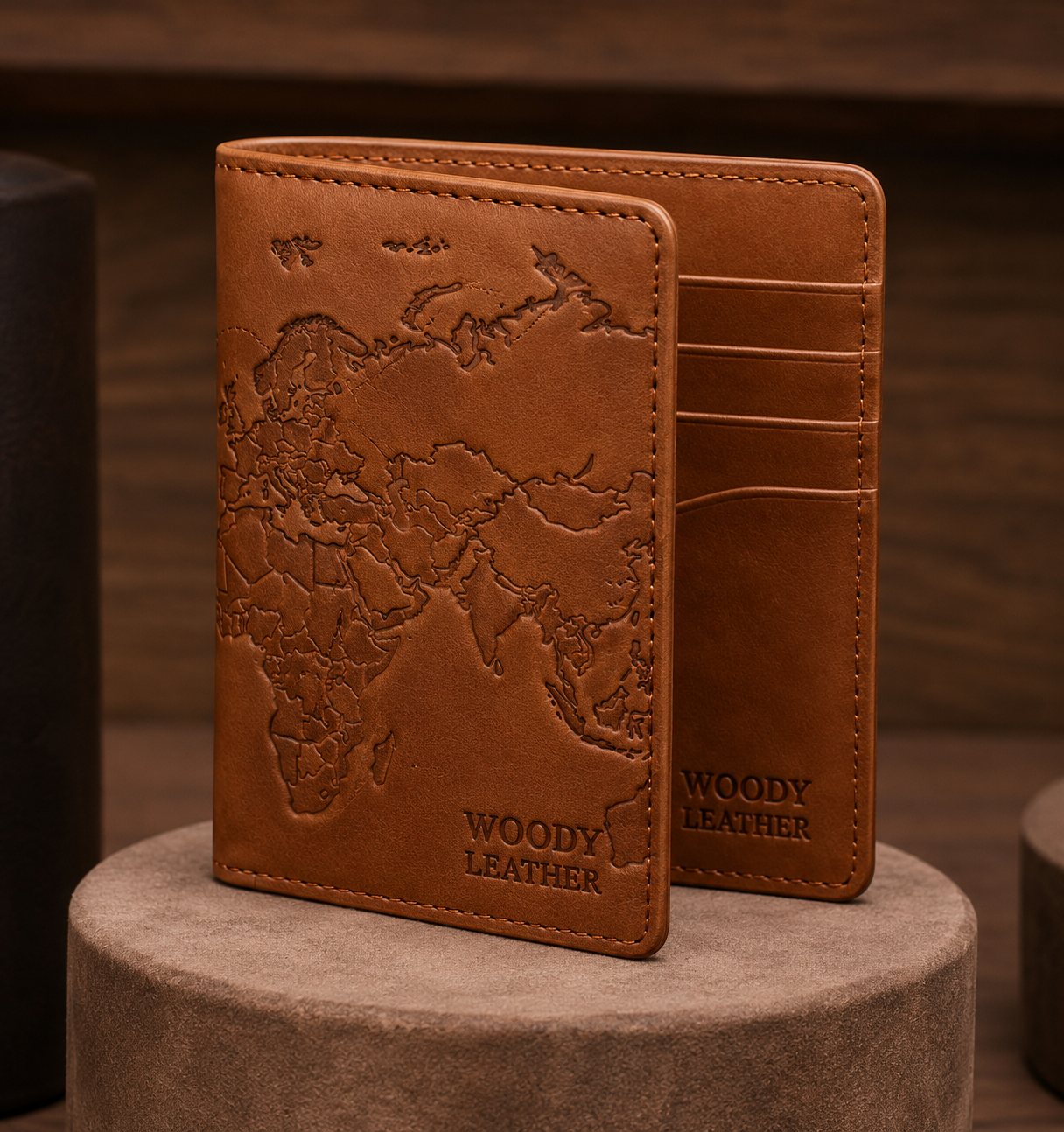 Open tan leather passport wallet displaying detailed world map debossing and interior card slots on pedestal