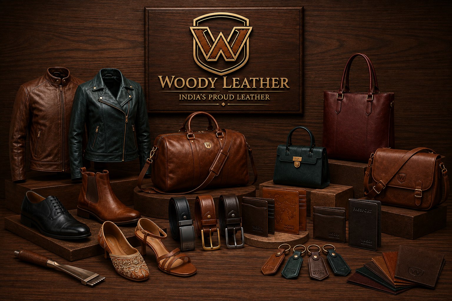 Leather jackets, bags, footwear, belts and wallets by Woody Leather