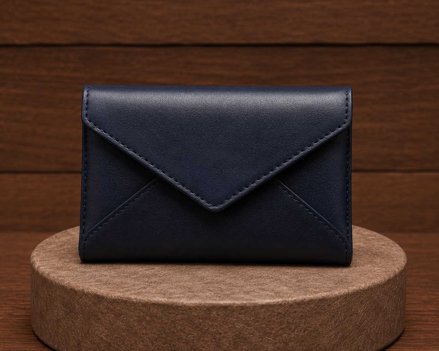 Navy blue leather envelope clutch wallet with triangular flap