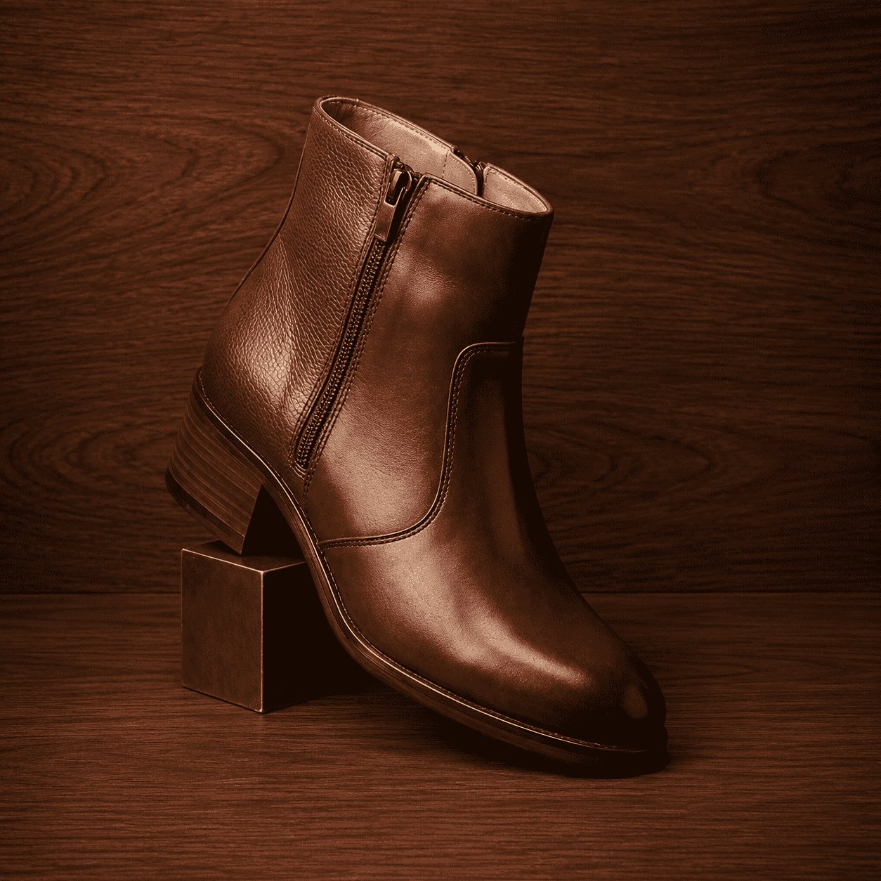 Chestnut brown leather side-zip ankle boot on display