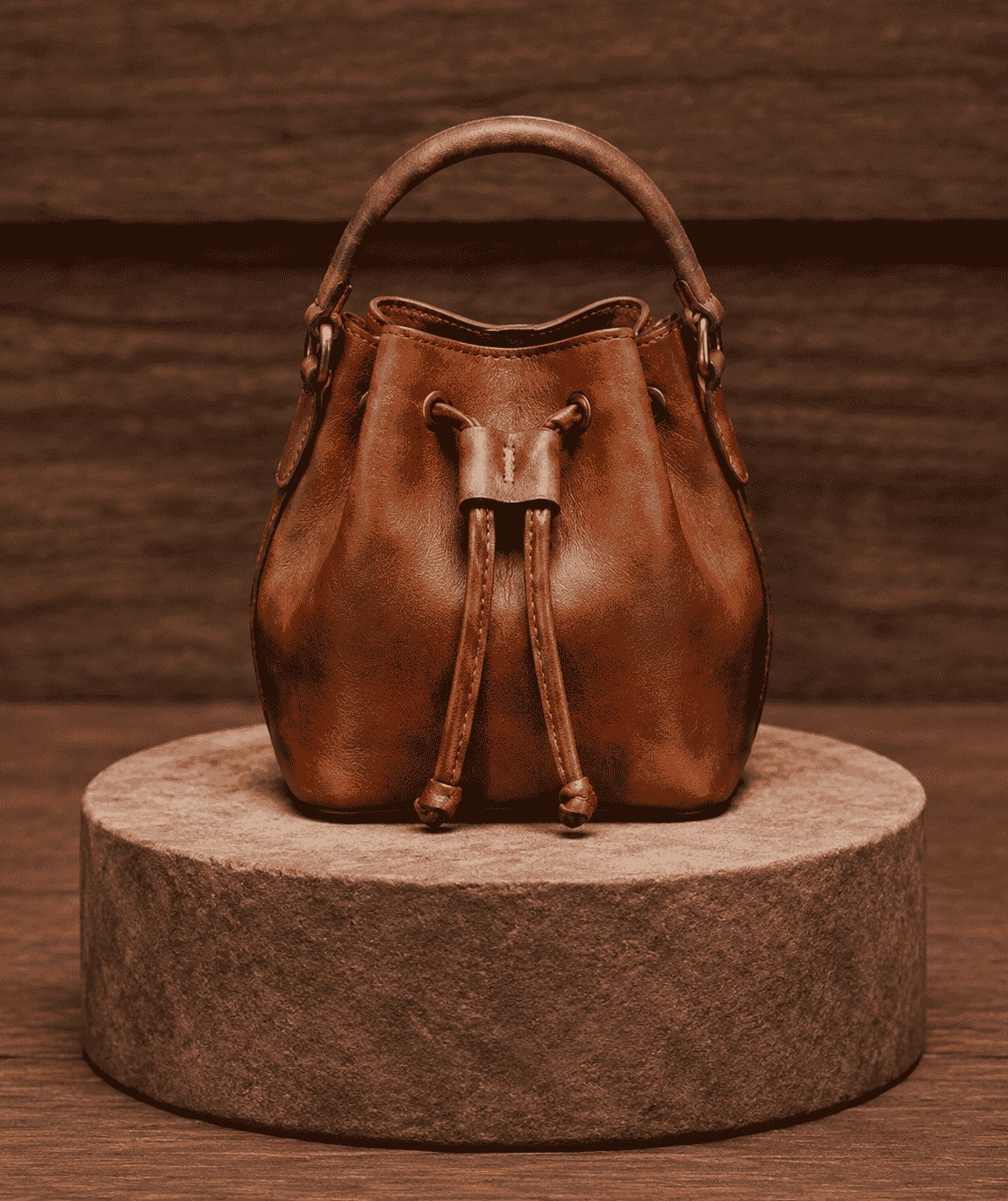 Tan burnished leather bucket bag showing drawstring closure and top handle attachment