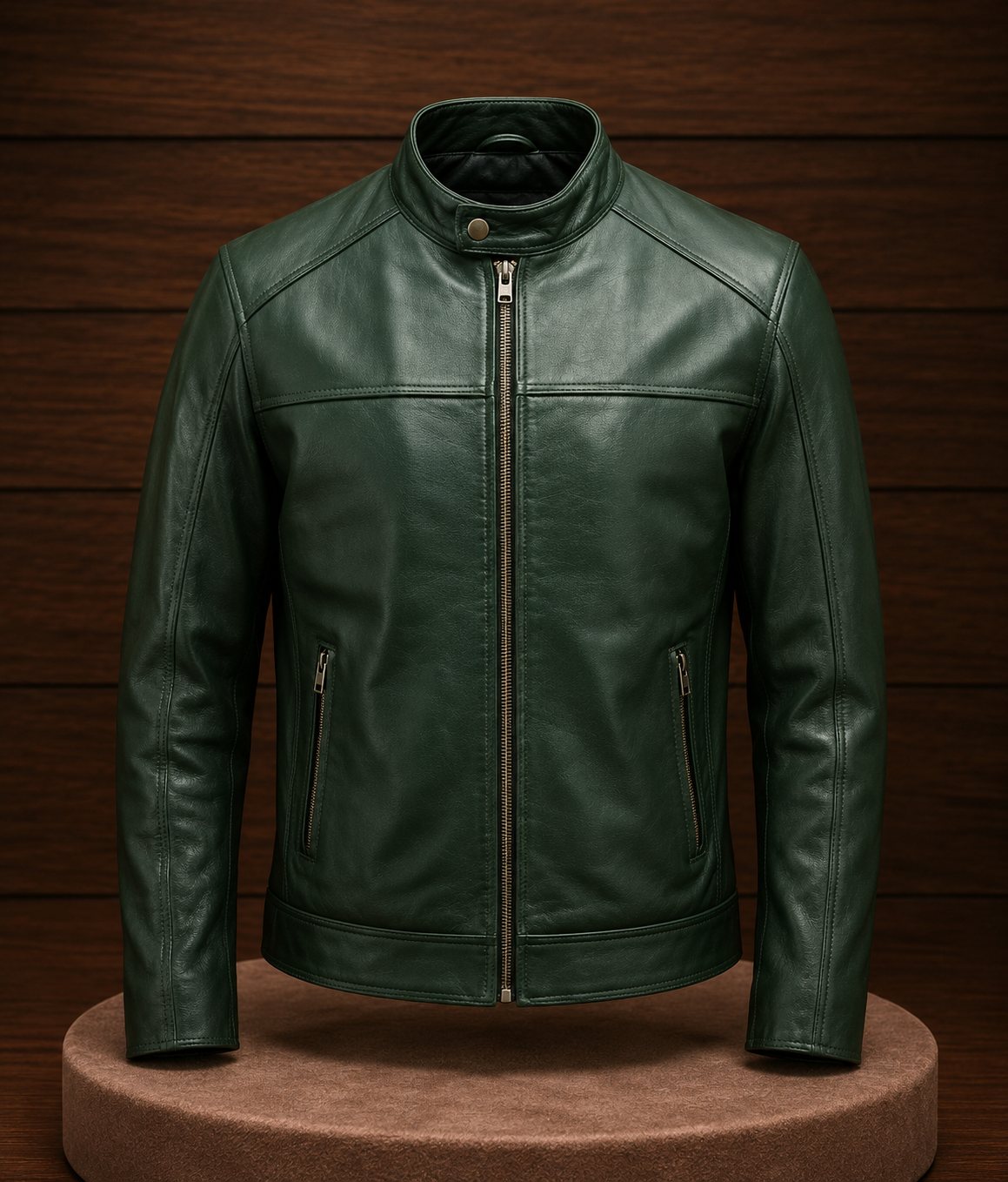 Forest green leather cafe racer jacket showing snap band collar and chest seam lines