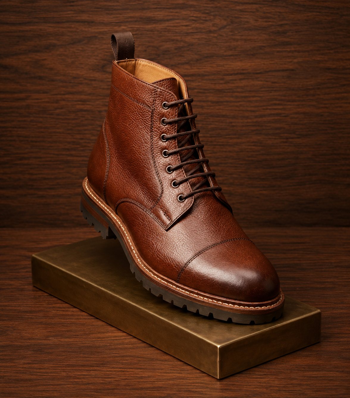 Men's cognac pebbled leather lace-up cap-toe boot with lug sole on display stand