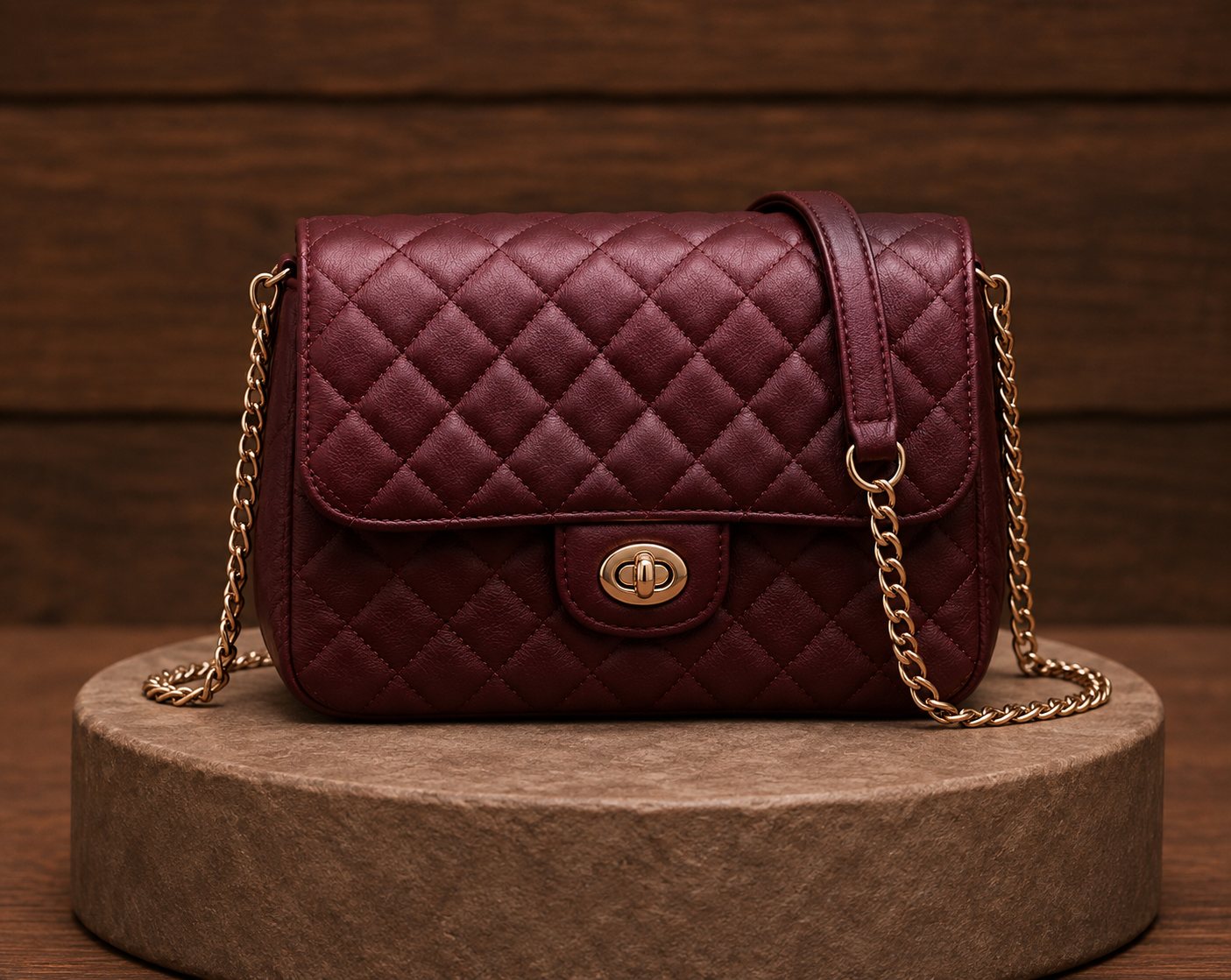 Burgundy quilted leather flap bag showing oval twist lock and gold woven chain strap