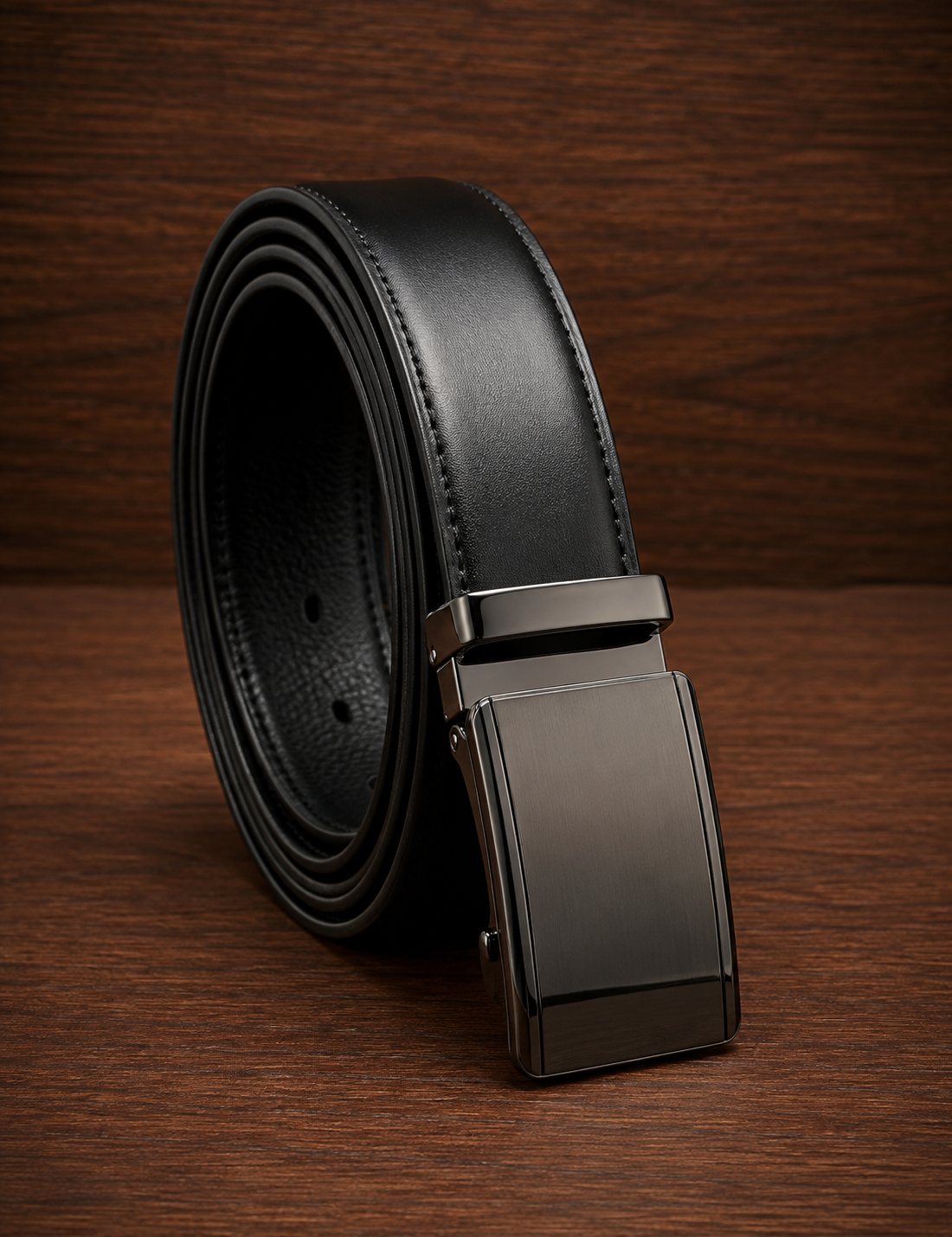 Black leather ratchet belt displaying brushed gunmetal automatic buckle and smooth edge stitching