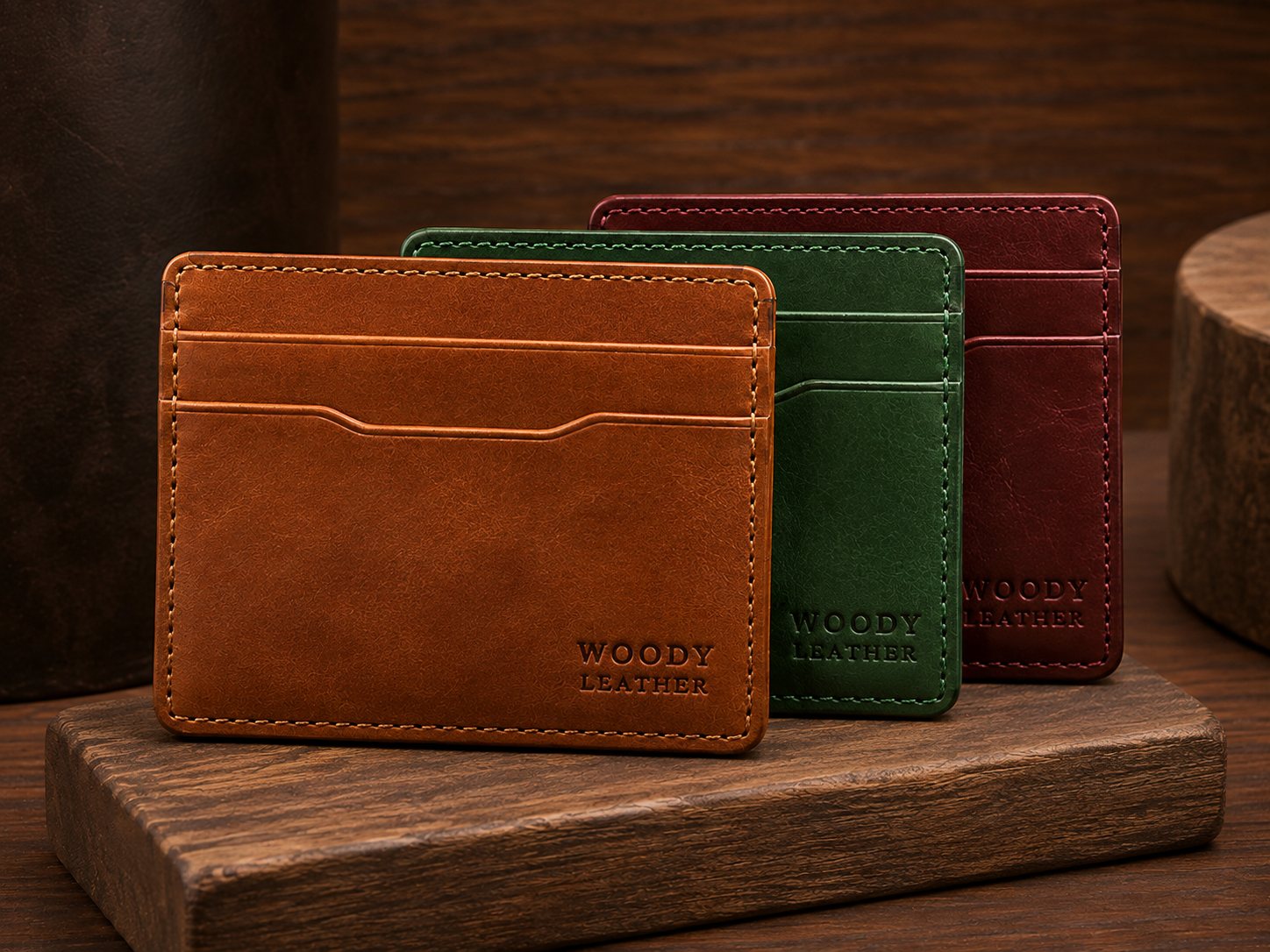 Three slim leather card holders in tan, forest green, and deep burgundy on wooden pedestal