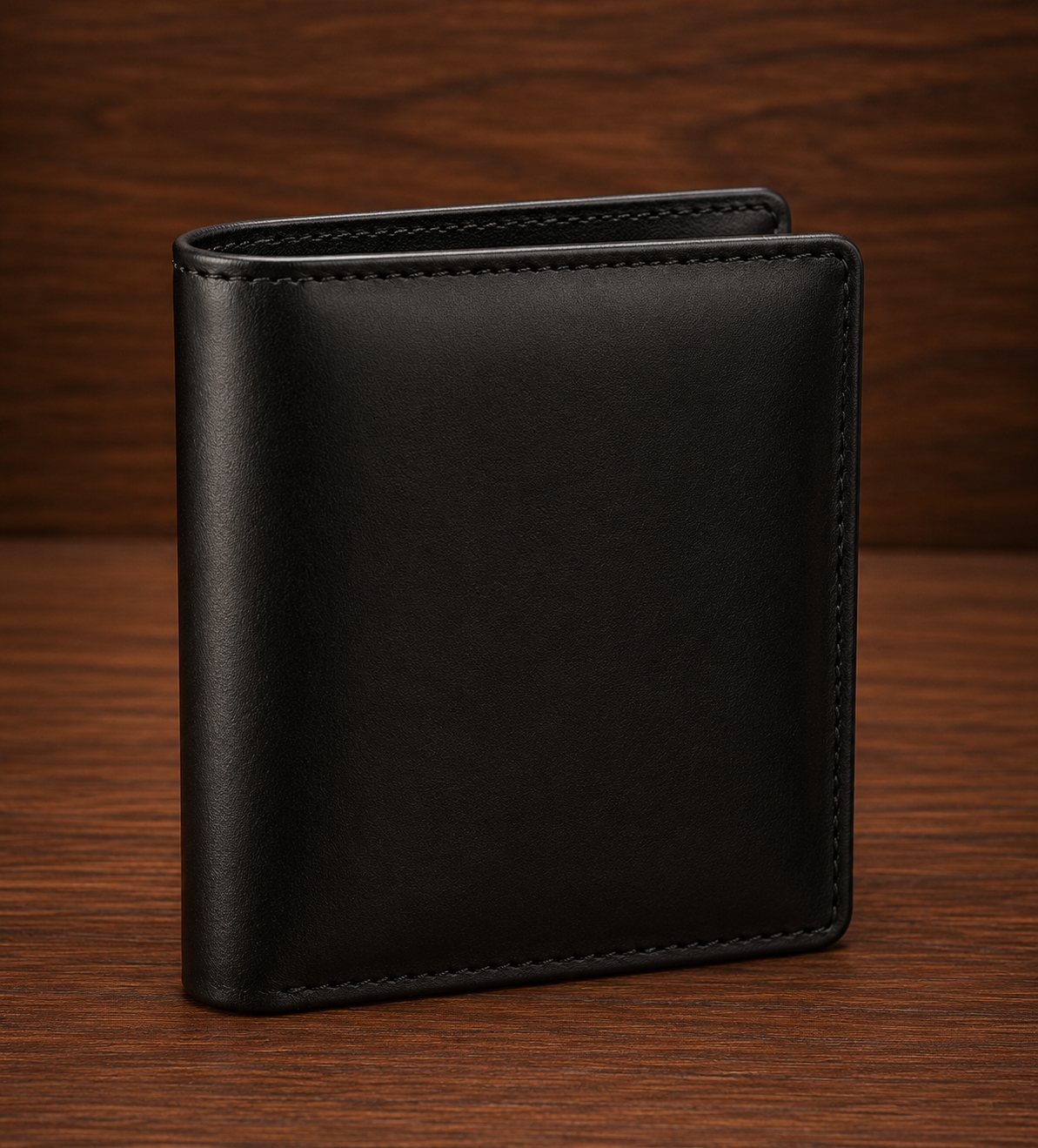 Smooth black leather vertical bifold wallet with fine tonal stitching on dark wood background