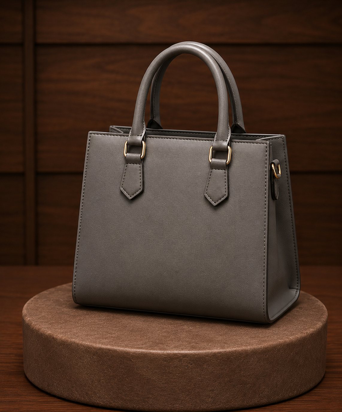 Charcoal grey structured leather tote handbag with dual top handles and gold hardware