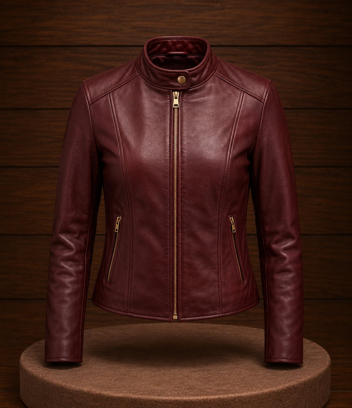 Burgundy wine women's leather racer jacket with band collar and gold metallic hardware