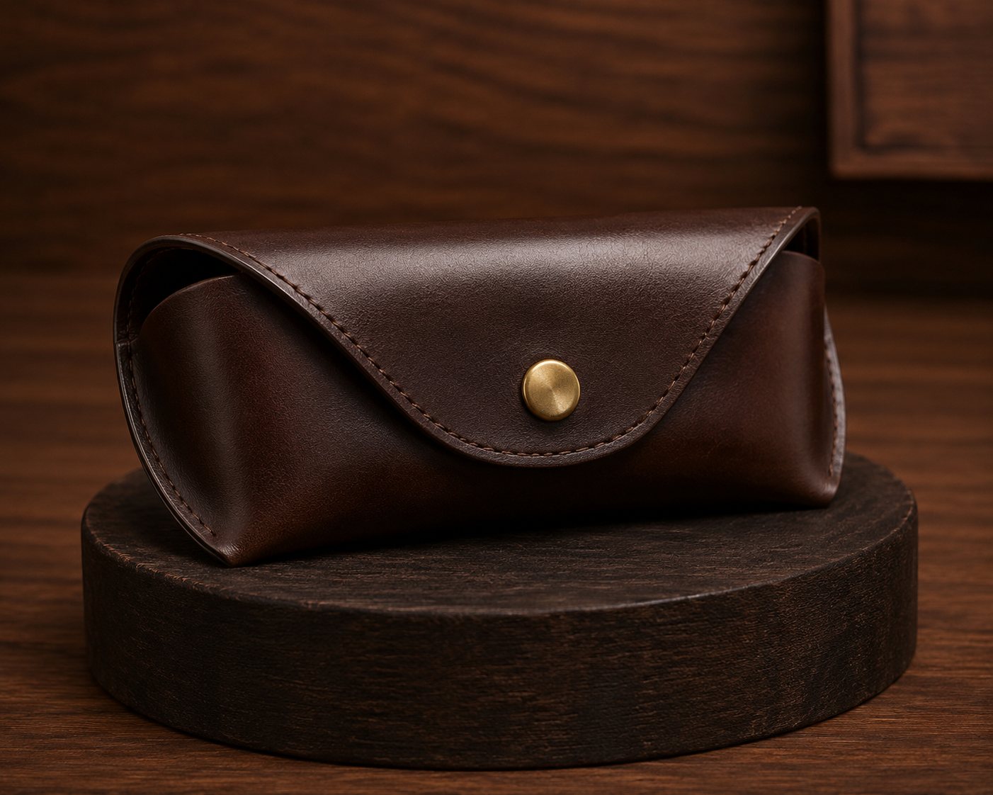 Dark brown leather glasses pouch showcasing envelope flap shape, tonal stitching, and brass snap button