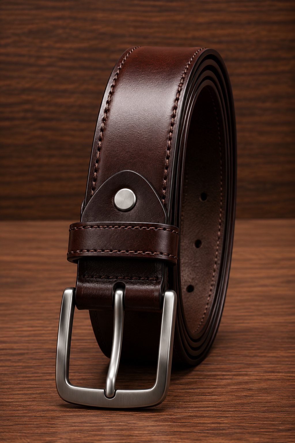 Dark brown leather belt showcasing double-row stitching, silver rivet, and brushed silver pin buckle