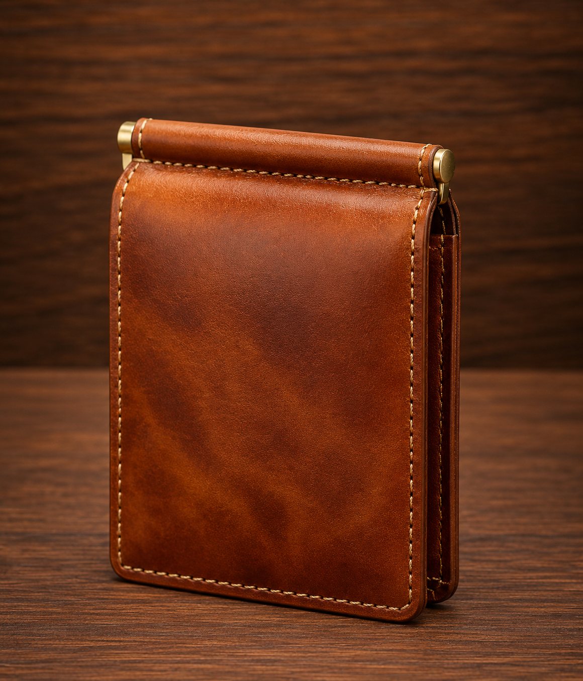 Cognac brown leather bifold wallet with brass spring money clip top hinge