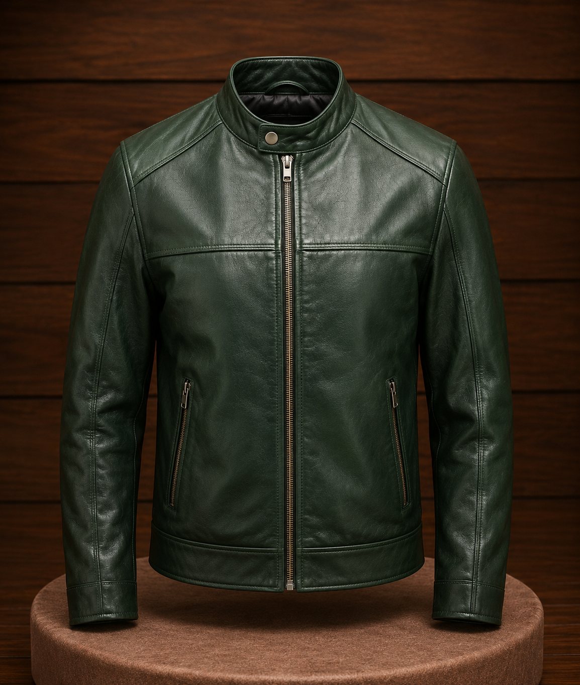 Olive green men's leather racer jacket with band collar and central zip
